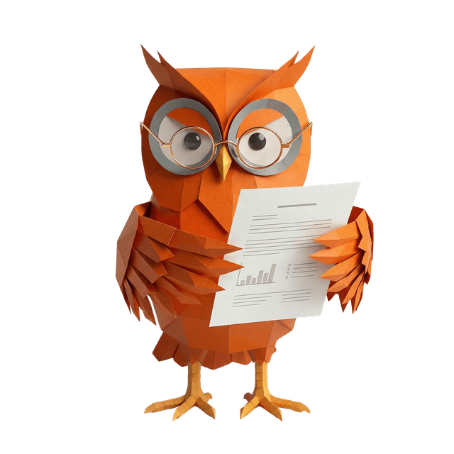 Mascotte van Oranje Uil — leest een document