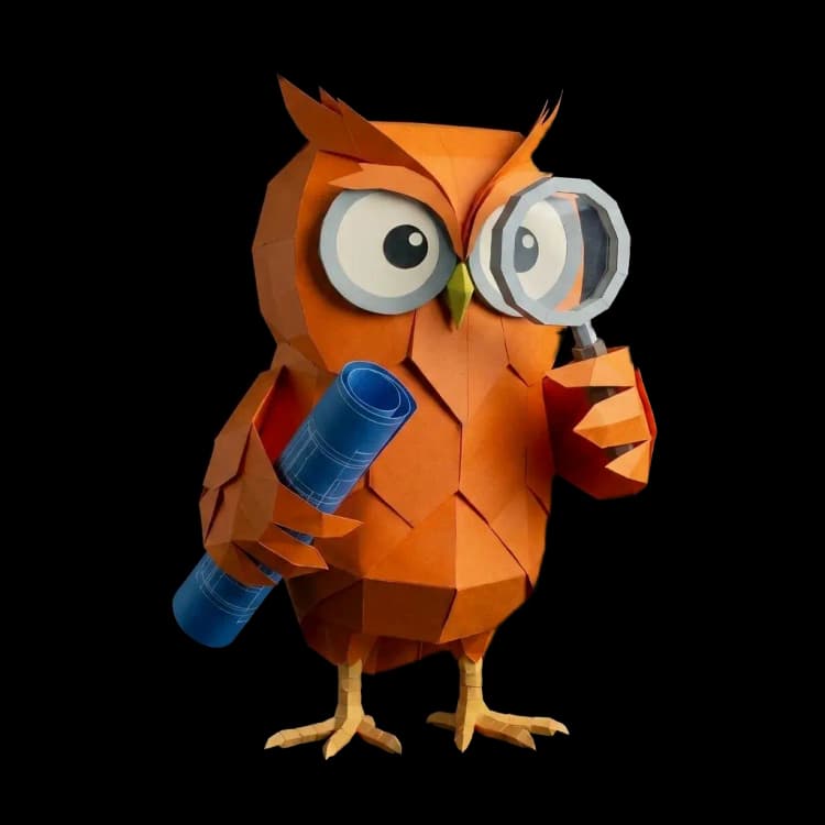 Oranje Uil mascotte met bouwtekening en vergrootglas