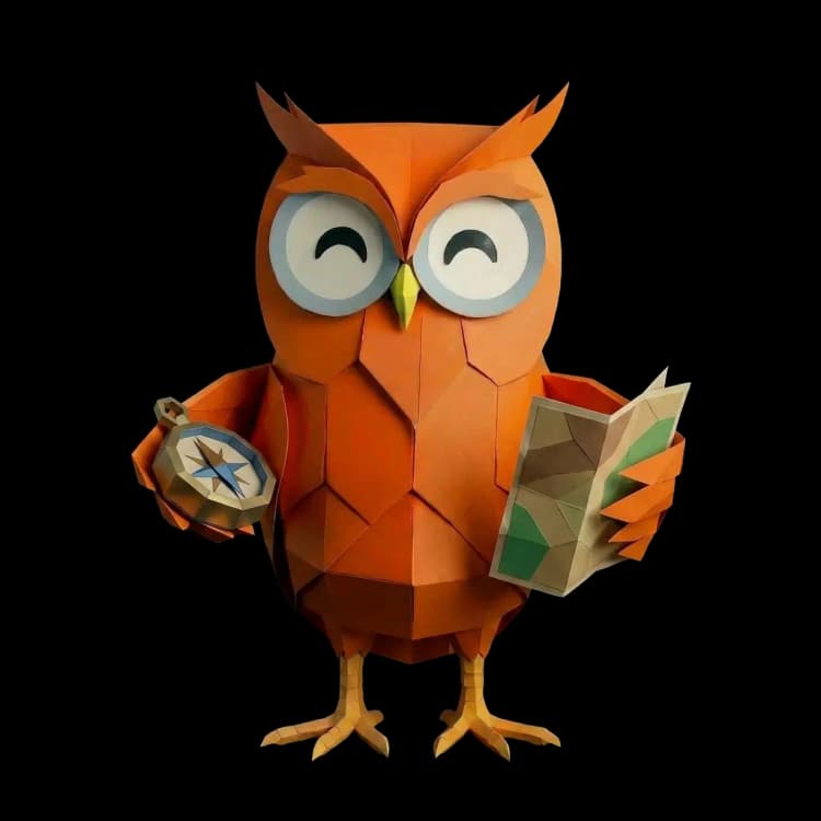 Oranje Uil mascotte met kompas en kaart