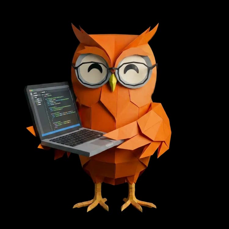 Oranje Uil mascotte met laptop