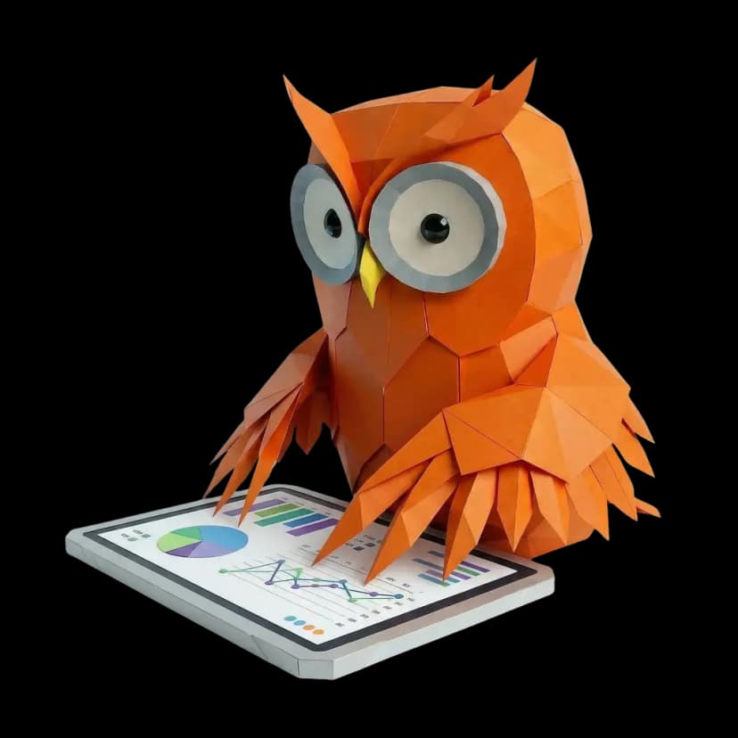 Mascotte van Oranje Uil — met tablet en grafieken