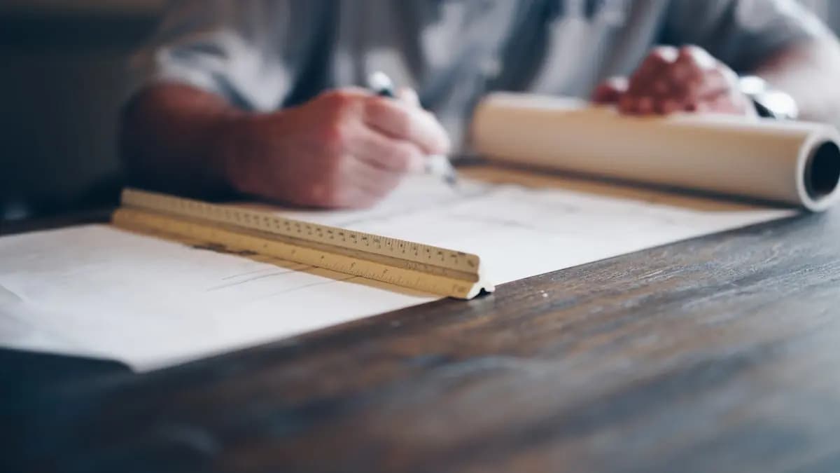 Bouwtekening met liniaal op een werktafel
